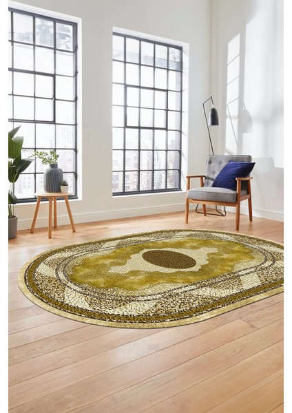 Göbekli Klasik Desen Dijital Kaymaz Yıkanabilir Oval Yolluk Mutfak Salon Halısı, O-Klasik-24-Sarı, indirimleri