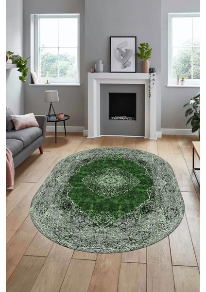Baskılı Kaymaz Yıkanabilir Göbekli Klasik Desen Oval Yolluk Salon Halısı, O-Klasik-07-Yeşil, fiyatları