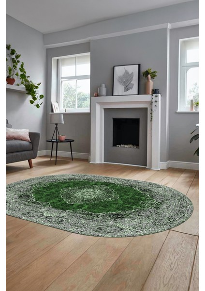 Baskılı Kaymaz Yıkanabilir Göbekli Klasik Desen Oval Yolluk Salon Halısı, O-Klasik-07-Yeşil,