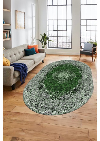 Baskılı Kaymaz Yıkanabilir Göbekli Klasik Desen Oval Yolluk Salon Halısı, O-Klasik-07-Yeşil,