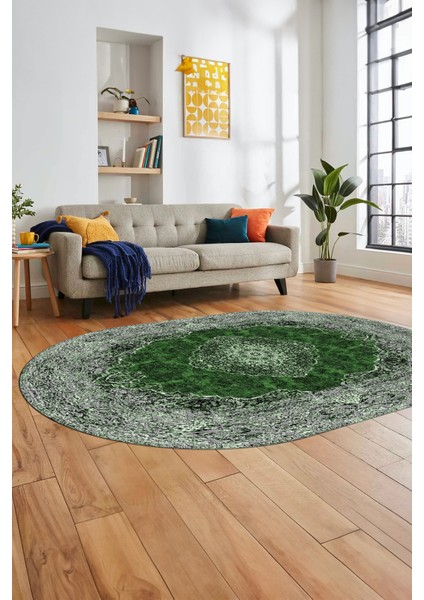 Baskılı Kaymaz Yıkanabilir Göbekli Klasik Desen Oval Yolluk Salon Halısı, O-Klasik-07-Yeşil,