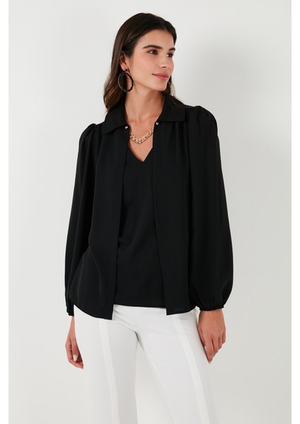 Regular Fit V Yaka Balon Kol Bluz Bayan Bluz 611BZ0353