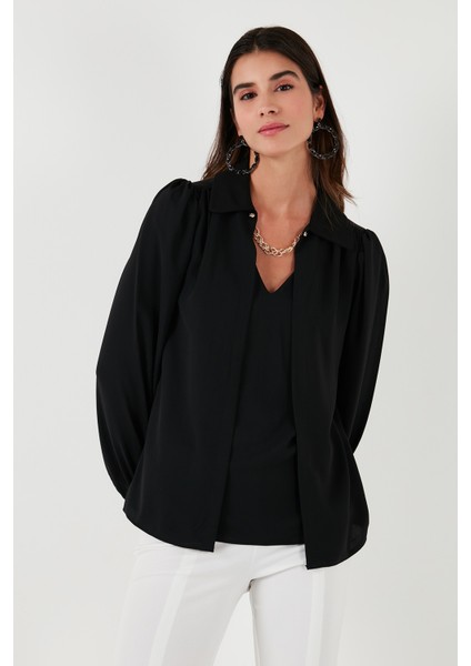 Regular Fit V Yaka Balon Kol Bluz Bayan Bluz 611BZ0353 modelleri