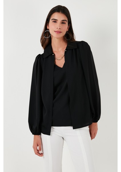 Regular Fit V Yaka Balon Kol Bluz Bayan Bluz 611BZ0353 indirimleri