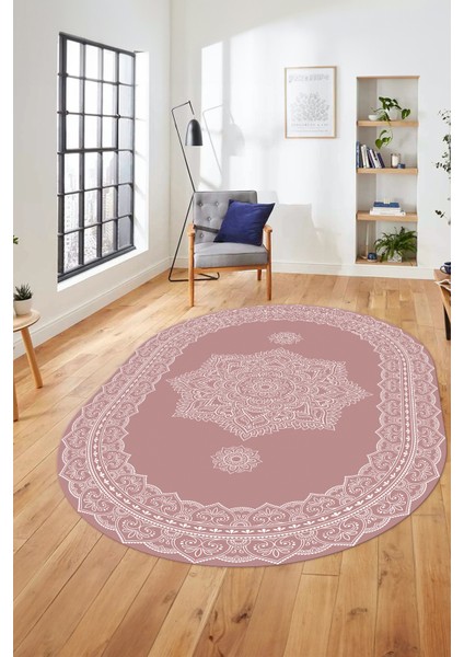 Şık Göbekli Klasik Motifli Dijital Kaymaz Yıkanabilir Oval Yolluk Salon Halısı, O-Klasik-30-Pembe, fiyatları