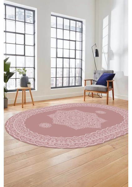 Şık Göbekli Klasik Motifli Dijital Kaymaz Yıkanabilir Oval Yolluk Salon Halısı, O-Klasik-30-Pembe, modelleri
