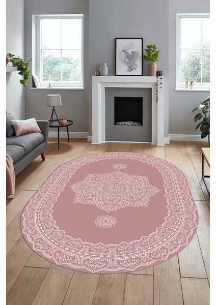 Şık Göbekli Klasik Motifli Dijital Kaymaz Yıkanabilir Oval Yolluk Salon Halısı, O-Klasik-30-Pembe, fırsatları