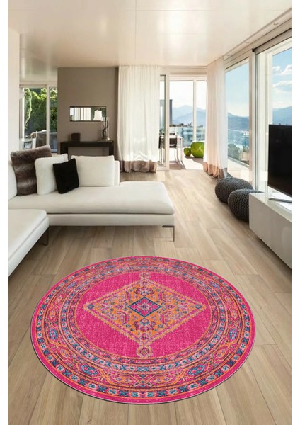 Baskılı Kaymaz Yıkanabilir Göbekli Klasik Desen Yuvarlak Mutfak Salon Halısı, Y-Klasik-06-Mavi,