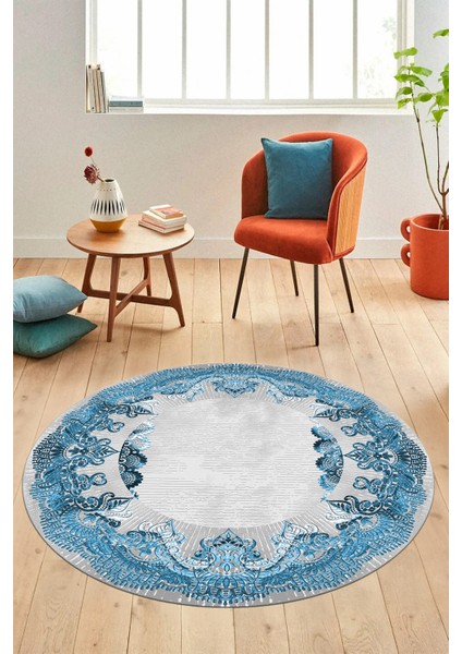 Baskılı Kaymaz Yıkanabilir Renkli Klasik Desen Yuvarlak Salon Halısı, Y-Klasik-08-Mavi,