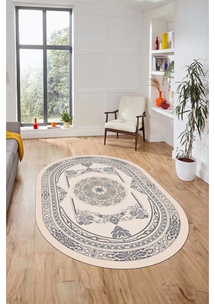 Modern Klasik Dijital Kaymaz Taban Yıkanabilir Oval Yolluk Salon Halısı, O-Klasik-17-Krem, modelleri