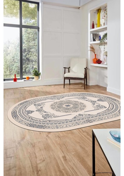 Modern Klasik Dijital Kaymaz Taban Yıkanabilir Oval Yolluk Salon Halısı, O-Klasik-17-Krem, fırsatları