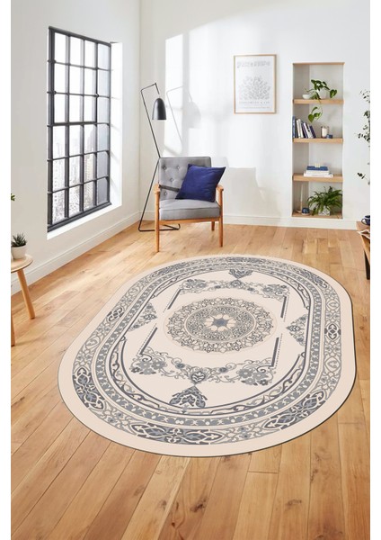 Modern Klasik Dijital Kaymaz Taban Yıkanabilir Oval Yolluk Salon Halısı, O-Klasik-17-Krem, indirimleri
