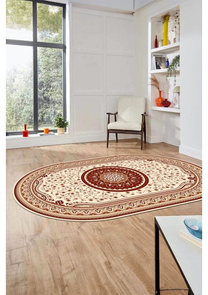 Göbekli Klasik Dijital Kaymaz Taban Yıkanabilir Oval Yolluk Salon Halısı, O-Klasik-18-Bordo, fırsatları