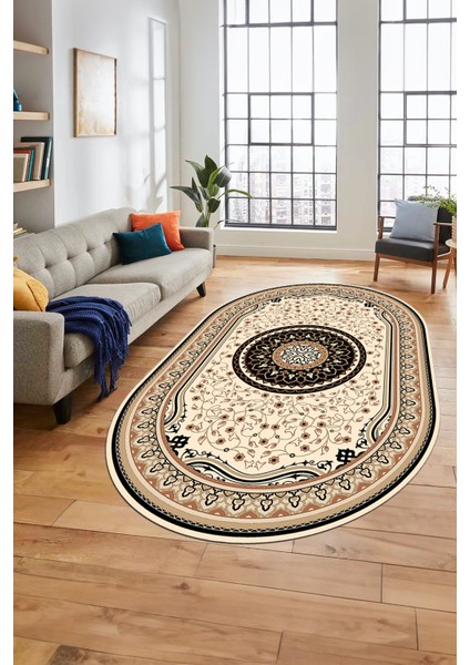 Göbekli Klasik Dijital Kaymaz Taban Yıkanabilir Oval Yolluk Salon Halısı, O-Klasik-18-Siyah,