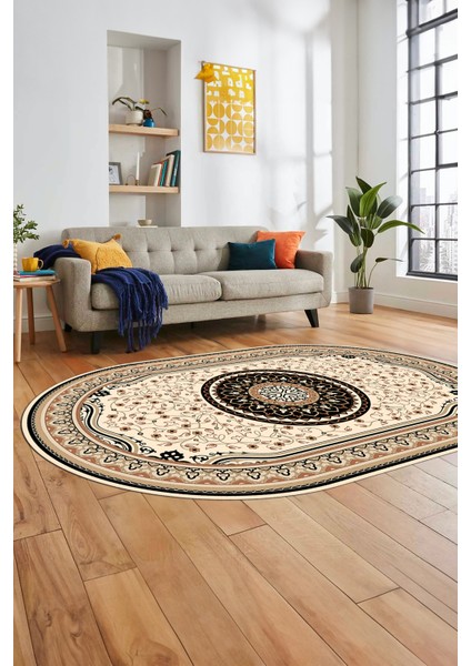 Göbekli Klasik Dijital Kaymaz Taban Yıkanabilir Oval Yolluk Salon Halısı, O-Klasik-18-Siyah, fiyatları