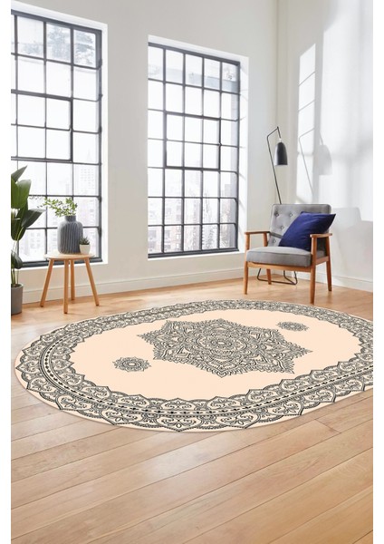 Şık Göbekli Klasik Motifli Dijital Kaymaz Yıkanabilir Oval Yolluk Salon Halısı, O-Klasik-30-Krem, modelleri