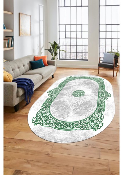 Sade Klasik Desen Dijital Kaymaz Taban Yıkanabilir Oval Yolluk Salon Halısı, O-Klasik-20-Yeşil,