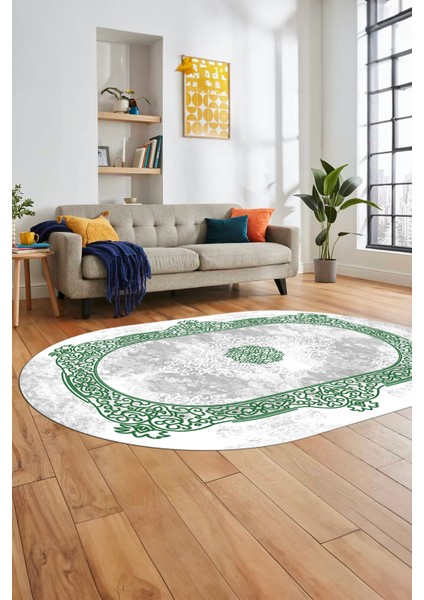Sade Klasik Desen Dijital Kaymaz Taban Yıkanabilir Oval Yolluk Salon Halısı, O-Klasik-20-Yeşil, fiyatları