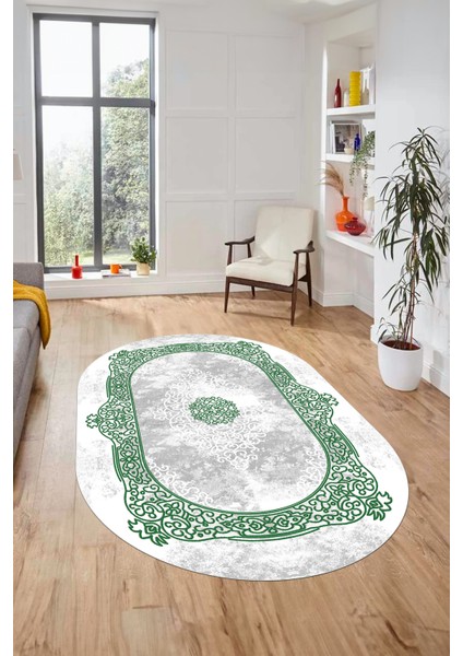 Sade Klasik Desen Dijital Kaymaz Taban Yıkanabilir Oval Yolluk Salon Halısı, O-Klasik-20-Yeşil, modelleri
