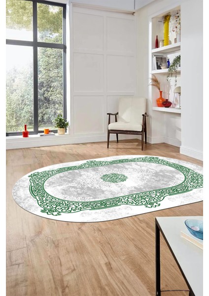 Sade Klasik Desen Dijital Kaymaz Taban Yıkanabilir Oval Yolluk Salon Halısı, O-Klasik-20-Yeşil, fırsatları