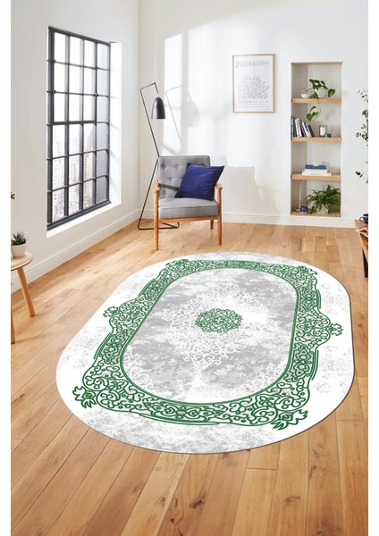 Sade Klasik Desen Dijital Kaymaz Taban Yıkanabilir Oval Yolluk Salon Halısı, O-Klasik-20-Yeşil, indirimleri