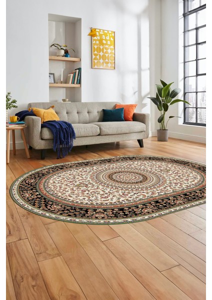 Klasik Desenli Dijital Kaymaz Yıkanabilir Oval Yolluk Koridor Salon Halısı, O-Klasik-21-Krem,