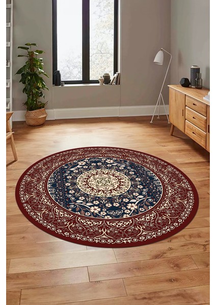 Şık Klasik Desen Dijital Kaymaz Taban Yıkanabilir Yuvarlak Mutfak Salon Halısı, Y-Klasik-14-Bordo,