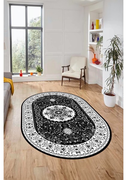 Renkli Klasik Motifli Dijital Kaymaz Yıkanabilir Oval Yolluk Salon Halısı, O-Klasik-27-Antrasit,