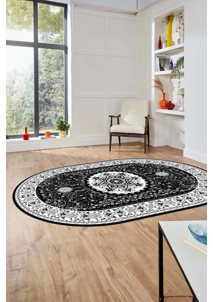 Renkli Klasik Motifli Dijital Kaymaz Yıkanabilir Oval Yolluk Salon Halısı, O-Klasik-27-Antrasit, fiyatları