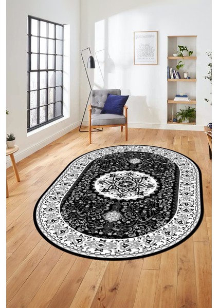 Renkli Klasik Motifli Dijital Kaymaz Yıkanabilir Oval Yolluk Salon Halısı, O-Klasik-27-Antrasit, modelleri