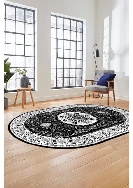 Renkli Klasik Motifli Dijital Kaymaz Yıkanabilir Oval Yolluk Salon Halısı, O-Klasik-27-Antrasit, fırsatları