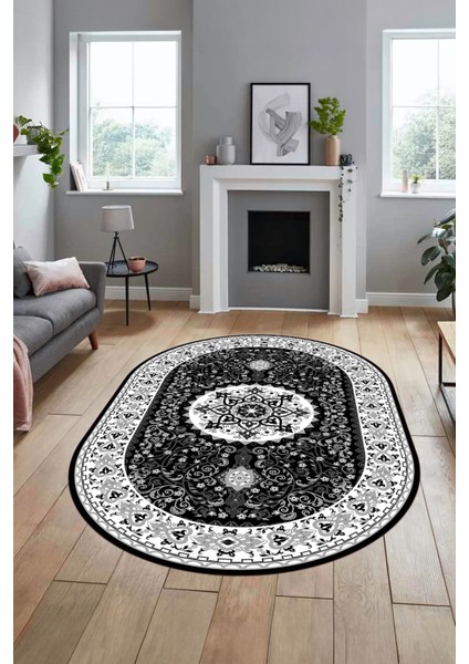 Renkli Klasik Motifli Dijital Kaymaz Yıkanabilir Oval Yolluk Salon Halısı, O-Klasik-27-Antrasit, indirimleri