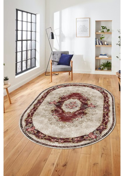 Çiçekli Klasik Motifli Dijital Kaymaz Yıkanabilir Oval Yolluk Salon Halısı, O-Klasik-29-Bordo, fiyatları