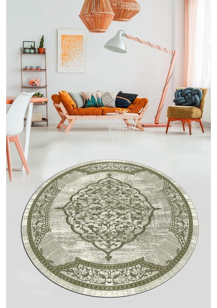 Zarif Klasik Desen Dijital Kaymaz Taban Yıkanabilir Yuvarlak Mutfak Salon Halısı, Y-Klasik-15-Yeşil,