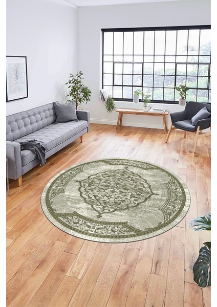 Zarif Klasik Desen Dijital Kaymaz Taban Yıkanabilir Yuvarlak Mutfak Salon Halısı, Y-Klasik-15-Yeşil, fiyatları