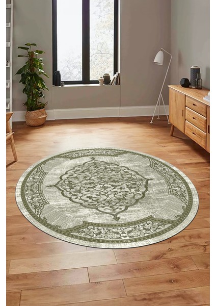 Zarif Klasik Desen Dijital Kaymaz Taban Yıkanabilir Yuvarlak Mutfak Salon Halısı, Y-Klasik-15-Yeşil, fırsatları