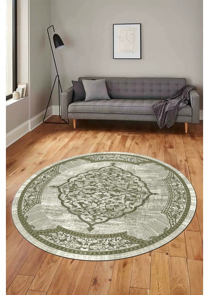 Zarif Klasik Desen Dijital Kaymaz Taban Yıkanabilir Yuvarlak Mutfak Salon Halısı, Y-Klasik-15-Yeşil, indirimleri