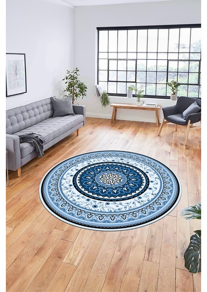 Göbekli Klasik Dijital Kaymaz Taban Yıkanabilir Yuvarlak Mutfak Salon Halısı, Y-Klasik-18-Mavi,