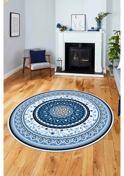 Göbekli Klasik Dijital Kaymaz Taban Yıkanabilir Yuvarlak Mutfak Salon Halısı, Y-Klasik-18-Mavi, fiyatları
