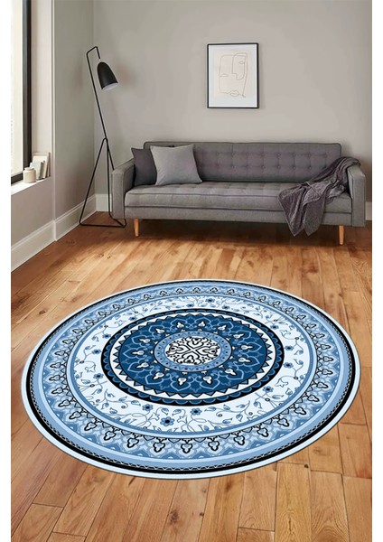 Göbekli Klasik Dijital Kaymaz Taban Yıkanabilir Yuvarlak Mutfak Salon Halısı, Y-Klasik-18-Mavi, fırsatları
