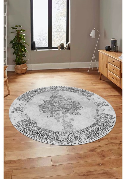 Sade Klasik Desenli Dijital Kaymaz Yıkanabilir Yuvarlak Mutfak Salon Halısı, Y-Klasik-22-Gri,
