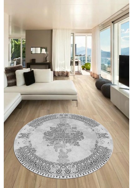 Sade Klasik Desenli Dijital Kaymaz Yıkanabilir Yuvarlak Mutfak Salon Halısı, Y-Klasik-22-Gri,