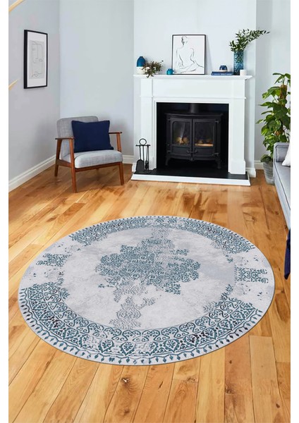 Sade Klasik Desenli Dijital Kaymaz Yıkanabilir Yuvarlak Mutfak Salon Halısı, Y-Klasik-22-Mavi,