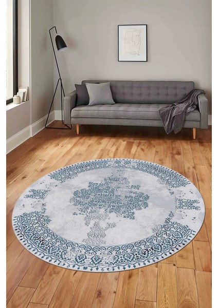 Sade Klasik Desenli Dijital Kaymaz Yıkanabilir Yuvarlak Mutfak Salon Halısı, Y-Klasik-22-Mavi, modelleri