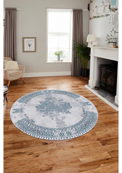 Sade Klasik Desenli Dijital Kaymaz Yıkanabilir Yuvarlak Mutfak Salon Halısı, Y-Klasik-22-Mavi, fırsatları