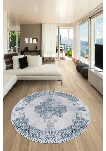 Sade Klasik Desenli Dijital Kaymaz Yıkanabilir Yuvarlak Mutfak Salon Halısı, Y-Klasik-22-Mavi, indirimleri