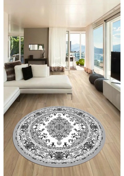 Klasik Desenli Dijital Kaymaz Yıkanabilir Yuvarlak Mutfak Salon Halısı, Y-Klasik-23-Gri,