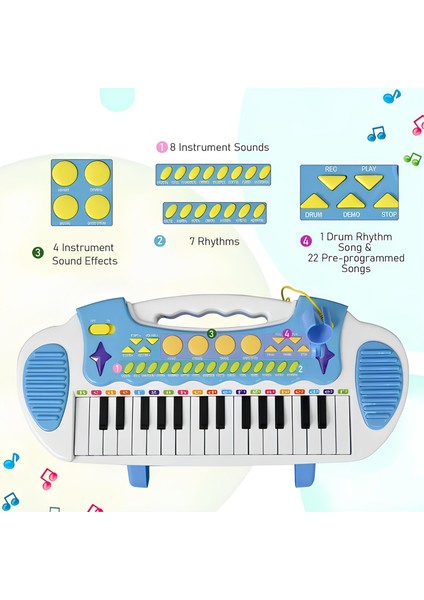 Oyuncak 31 Tuşlu Mikrofonlu Eğitici ve Eğlenceli Piyano - Kayıt Etme ve Playback Özellikli Piyano