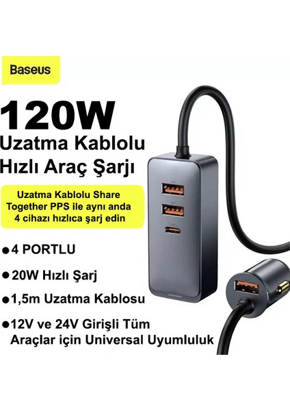 Baseus Share Together Pps 120W 4 Portlu (3 Usb+1 Type-C) Hızlı Araç Şarjı 1.5m