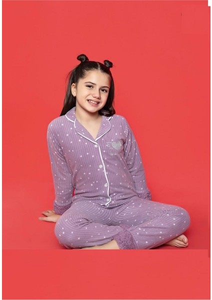 Kız Çocuk Boydan Düğmeli Kışlık Polar Pijama Takımı